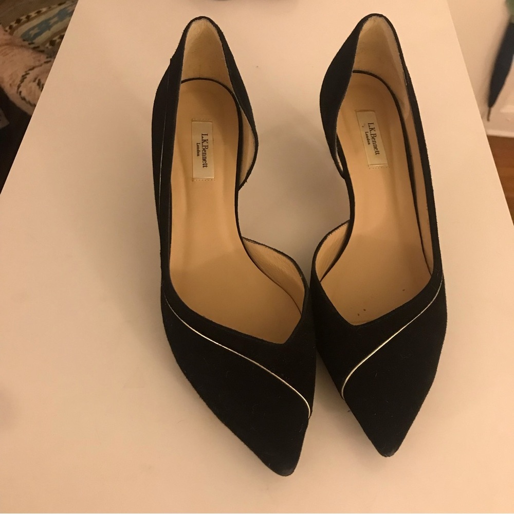 LK Bennett Black Pointed Toe Pumps with Gold Trim